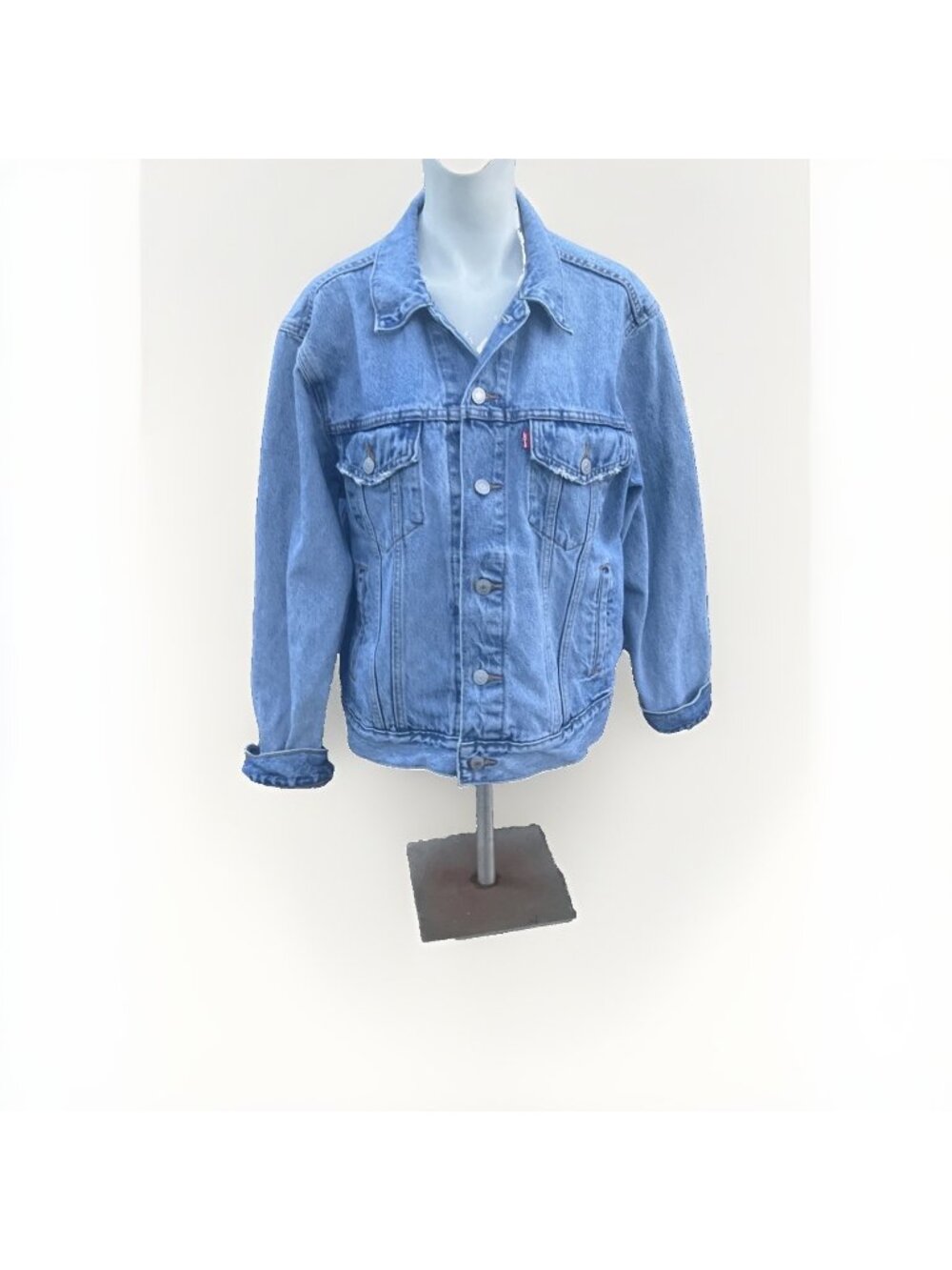Levis Premium Big E Denim Trucker Jacket Womens L Boxy Cropped Blue Jean Coat